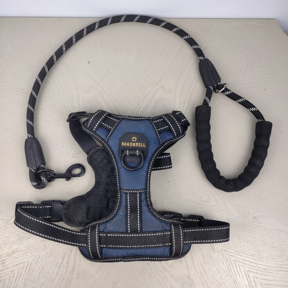 Masbrill Black and Blue Dog Harness with Leash Set size M